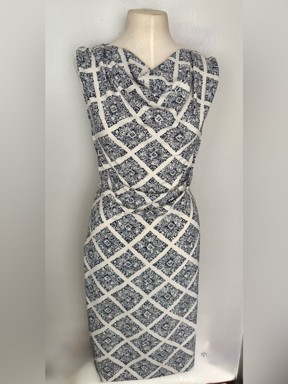 Stunning Cowl Neck Peserico White/Blue Classic Merola Pattern Mini Dress